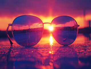 A Time-Lapse Sunset Reflected in the Shimmering Lenses of Sunglasses