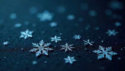 Midnight Sparkle Dark, moody background with scattered, sharply defined snowflakes, creating a dramatic and festive winter night feel. Sharp, glistening snowflakes with intricate crystalline details