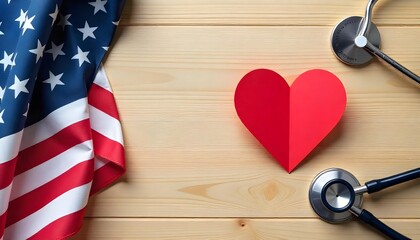 Heart with stethoscope and American flag on wood, emphasizing solidarity for heart disease awareness and February's health initiatives