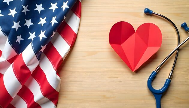 American flag and heart with stethoscope on a wooden surface, promoting awareness for heart health and February's Go Red for Women