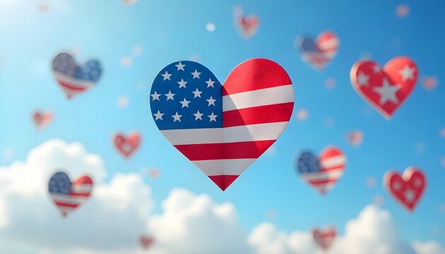 Heart-shaped American flag surrounded by smaller hearts, symbolizing support for Heart Disease Awareness and Go Red for Women - Powered by Adobe