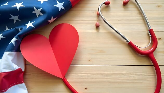 Stethoscope on a heart and American flag background, highlighting Heart Disease Awareness and support for cardiovascular health