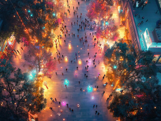 Festival Lights Glowing Over a Bustling Town Square from Above
