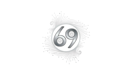 Stylized silver number sixty nine emblem centered within ornate swirls against a black background