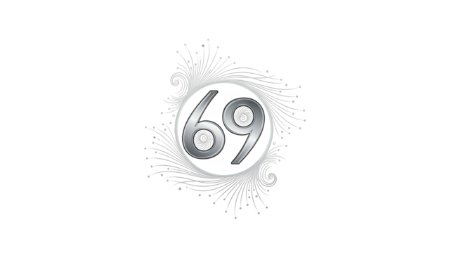 Stylized silver number sixty nine emblem centered within ornate swirls against a black background