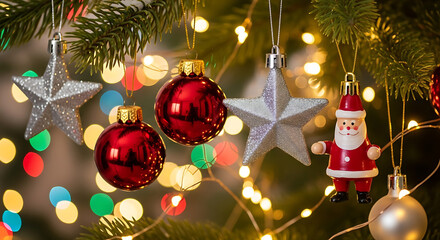Beautiful close-up of Christmas ornaments hanging on a tree, with bokeh lights in the background