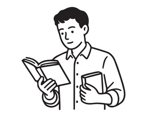 Young man engrossed in reading a captivating novel, holding another book, lost in its pages, perfect for education, leisure, or a thoughtful moment