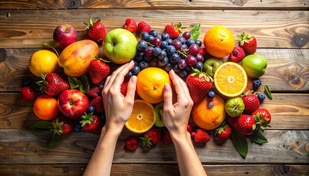 Fresh fruit arrangement on a rustic wooden table