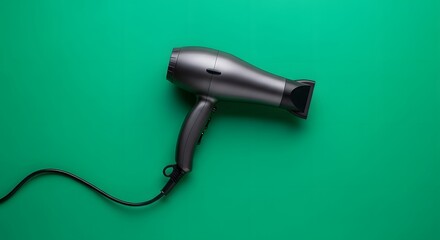 A modern black hairdryer with a sleek design placed on a vibrant green background, showcasing a common styling tool used in beauty routines
