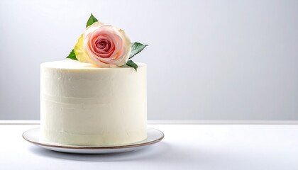 Elegant White Cake with Pink Rose Decoration on a Minimalist Background.