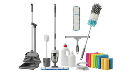 Assortment of modern household cleaning supplies arranged against a dark background