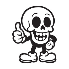 Spooky Halloween skeleton character giving thumbs up for scary fun times, a playful cartoon for seasonal greetings and party invites, cheers to fright night