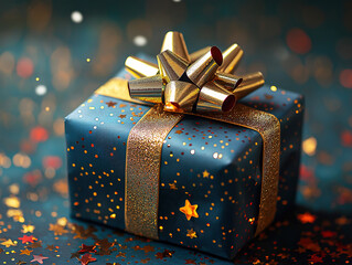 Neatly Wrapped Father’s Day Present with Gold Ribbon and Star Confetti