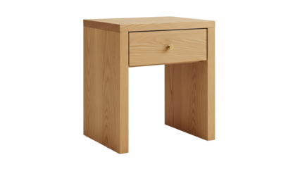 Minimalist light wood nightstand featuring a single drawer and brass hardware is isolated on a black background