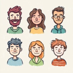 Fototapeta premium Diverse group of six illustrated characters with distinct features, smiling expressions, and different hairstyles on a light background