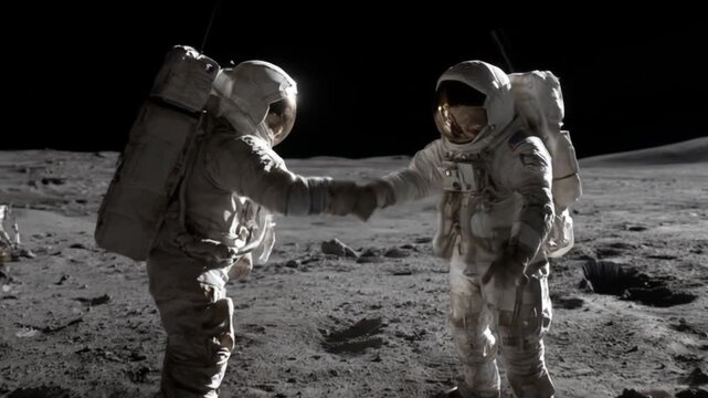 Two astronauts on the Moon shake hands amid dust, dark void above, cratered lunar plains.  Nightfall