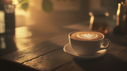 Obraz premium High-End Cappuccino with Latte Art in Ceramic Cup on Wooden Table in Cozy Cafe Setting, Warm Light and Minimal Background, Photorealistic Food Photography