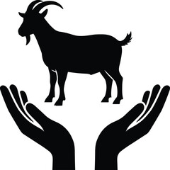 Black silhouette goat supported by protective hands symbolizing care, livestock welfare, farming support, agriculture protection, animal husbandry, spiritual strength illustration vector