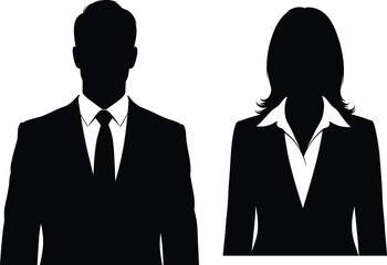 Business professional silhouettes in formal attire, corporate male and female icons, vector illustration for office, HR, and career concepts.