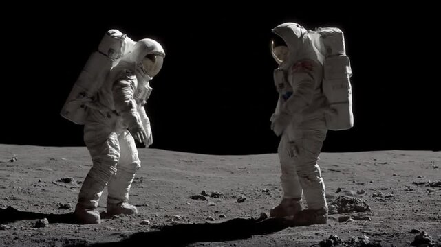 Two astronauts explore the moon's barren surface, under a dark sky, leaving twin footprints in dust!