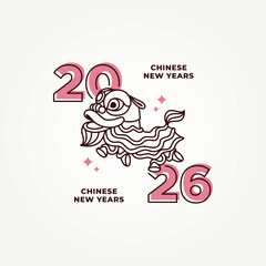 minimalist lion dance chinese new year 2026 line art icon badge logo vector illustration design. simple modern dancing dragon barongsai logo concept