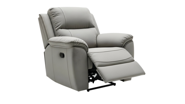 Plush padded contemporary recliner chair shown partially extended against a solid black background