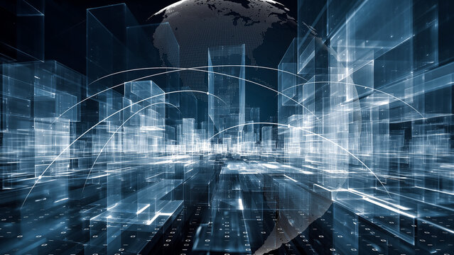 Digital Space Art Symbolizing Global Data Networks and Future DX