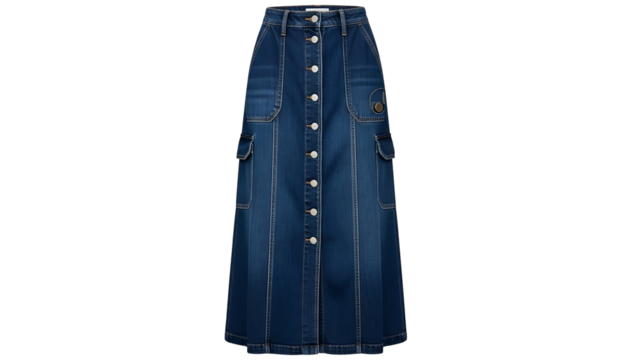 Full length blue denim A line skirt featuring contrasting white stitching and front buttons