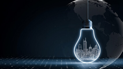 Creative Concept of a City and Digital Data Inside a Light Bulb