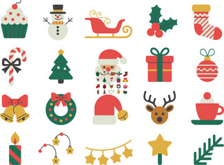 Christmas icon collection, festive holiday symbols, colorful cartoon decorations, seasonal vector design assets, cad drawing flat vector illustration