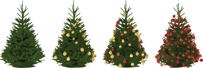 Christmas tree decoration stages, festive holiday ornaments, red and gold baubles, seasonal celebration, winter decor, pine tree transformation, joyful preparation