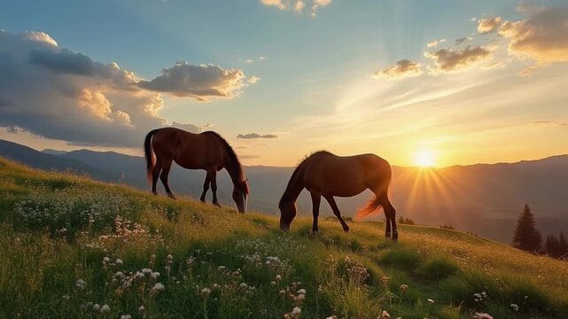 Two brown horses grazing peacefully on a grassy hillside at sunset with sunbeams.