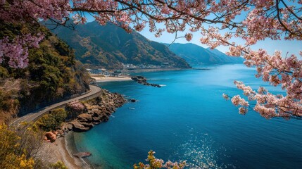 Fototapeta premium Coastal landscape with cherry blossoms