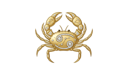 Ornate golden crab figure adorned with precious stones prominently displayed against a solid black background
