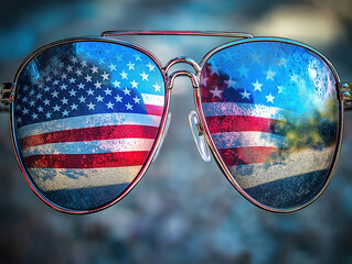 The U.S. Flag Reflected in Sunglasses with a Breathtaking Scenery Behind
