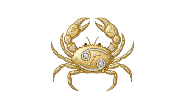 Ornate golden crab figure adorned with precious stones prominently displayed against a solid black background