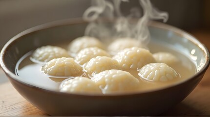 A steaming hot bowl of Asian soup with textured rice dumplings floating in a savory broth.