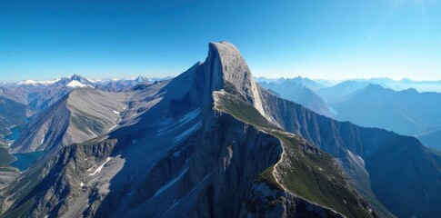 Remote borderlands where nature reigns supreme, hinting at distant boundaries without direct human presence. Aerial drone view of a dramatic, rugged mountain range where a distinct geological
