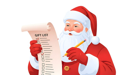 Santa Claus checking his gift list with a pencil and a friendly smile, ready for Christmas