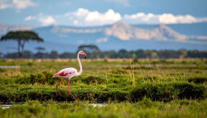 Flamingo in African Savannah with Kilimanjaro in the background.