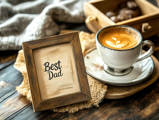 "Best Dad" Engraved Frame with a Cup of Coffee on a Rustic Table