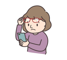 Obraz premium 老眼でピントが合わず眼鏡をずらす女性