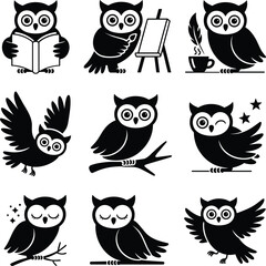 Nine black owl illustrations in various poses and activities owls black and white