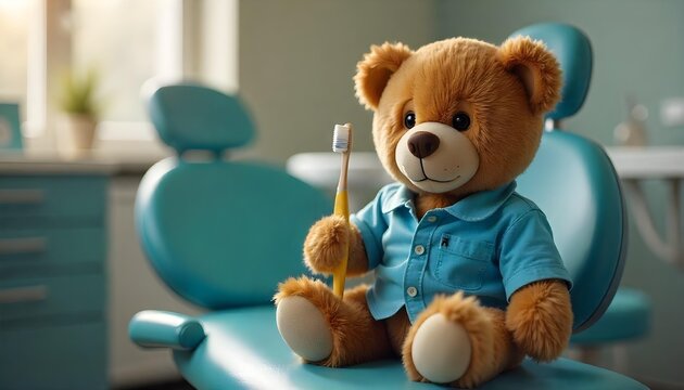 A teddy bear seated in a dentist chair, symbolizing pediatric dental care and healthy smiles for kids - Powered by Adobe