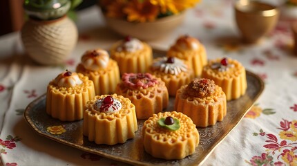 Assortment of gourmet mooncakes with creative toppings on a decorative vintage tray