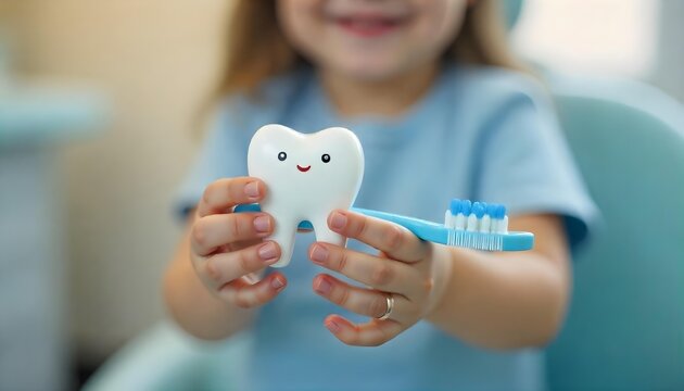 A cheerful girl with a toothbrush and toothpaste highlights children's dental health, set against a blue and white background for a clinic poster - Powered by Adobe