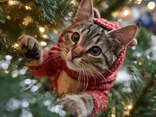 A cat wearing a red scarf on a christmas tree