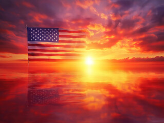 The Stars and Stripes Casting a Reflection on a Peaceful Lake