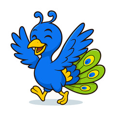 Cheerful peacock cartoon mascot waving hello