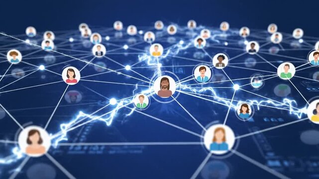 Network of avatars linked connections amid luminous tendrils